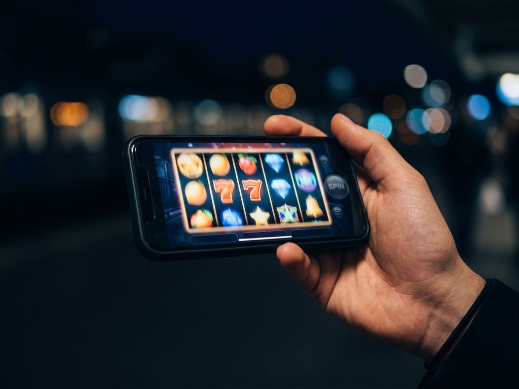 Smartphone displaying colourful slot reels in hand